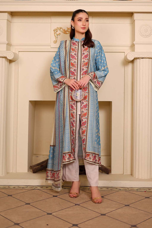 Negin Shrug – Aqua Blue 3PC Cambric Set (Shrug + Inner + Trouser) - ADWEARS