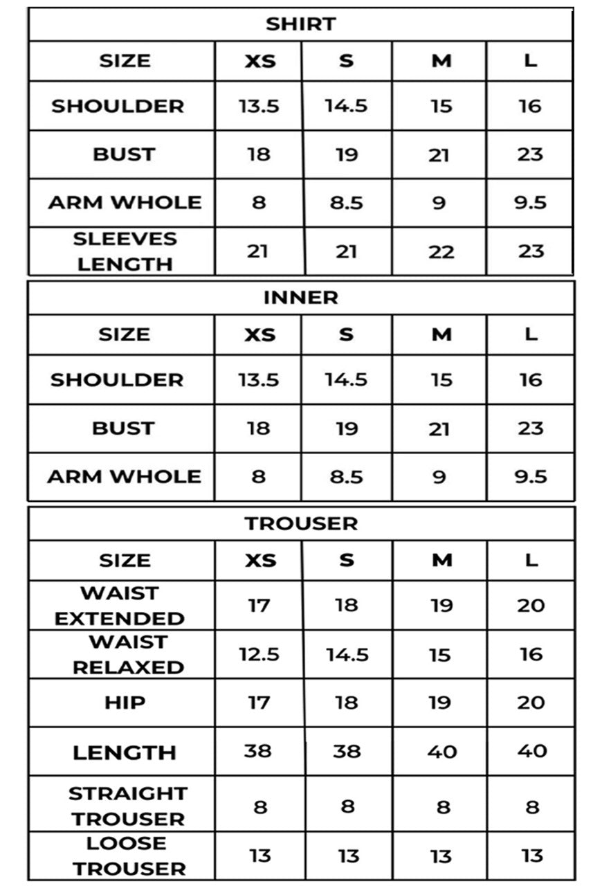 Measurement chart for shirts, inner wear, and trousers with size dimensions.